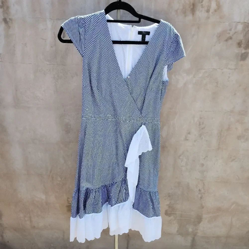 J crew faux wrap ruffle gingham dress